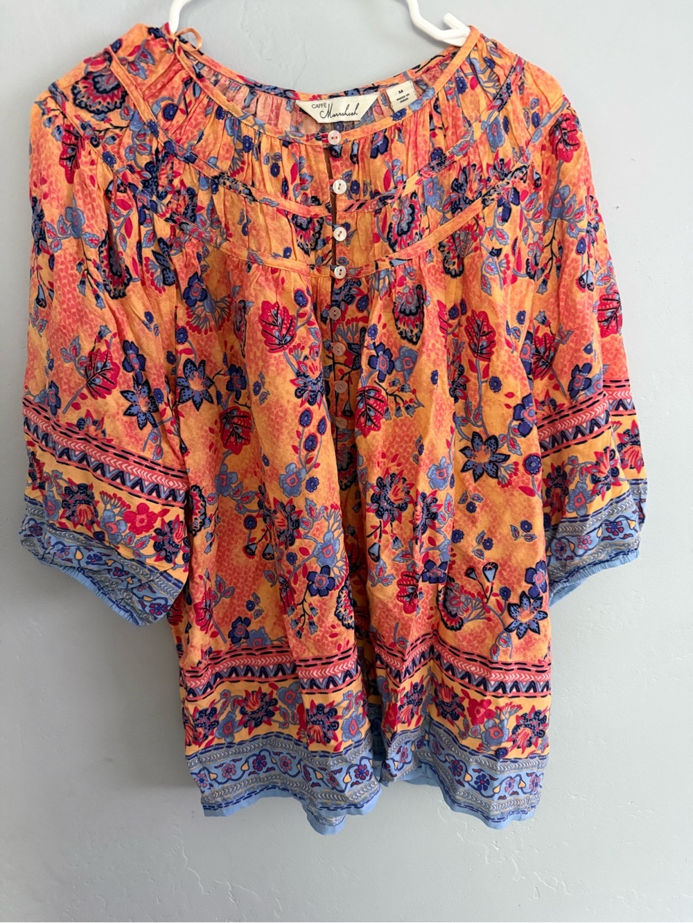 Caslon Orange Floral Peasant Blouse with Blue Trim